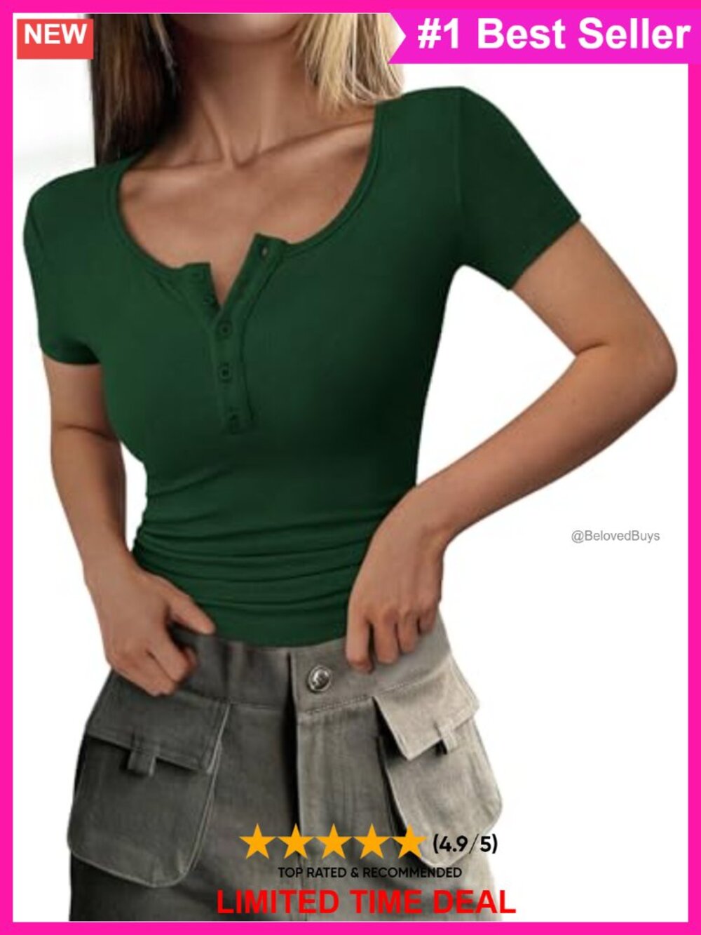 Womens Henley V-Neck Ribbed Knit Short Sleeve Fitted Summer Tee Top
